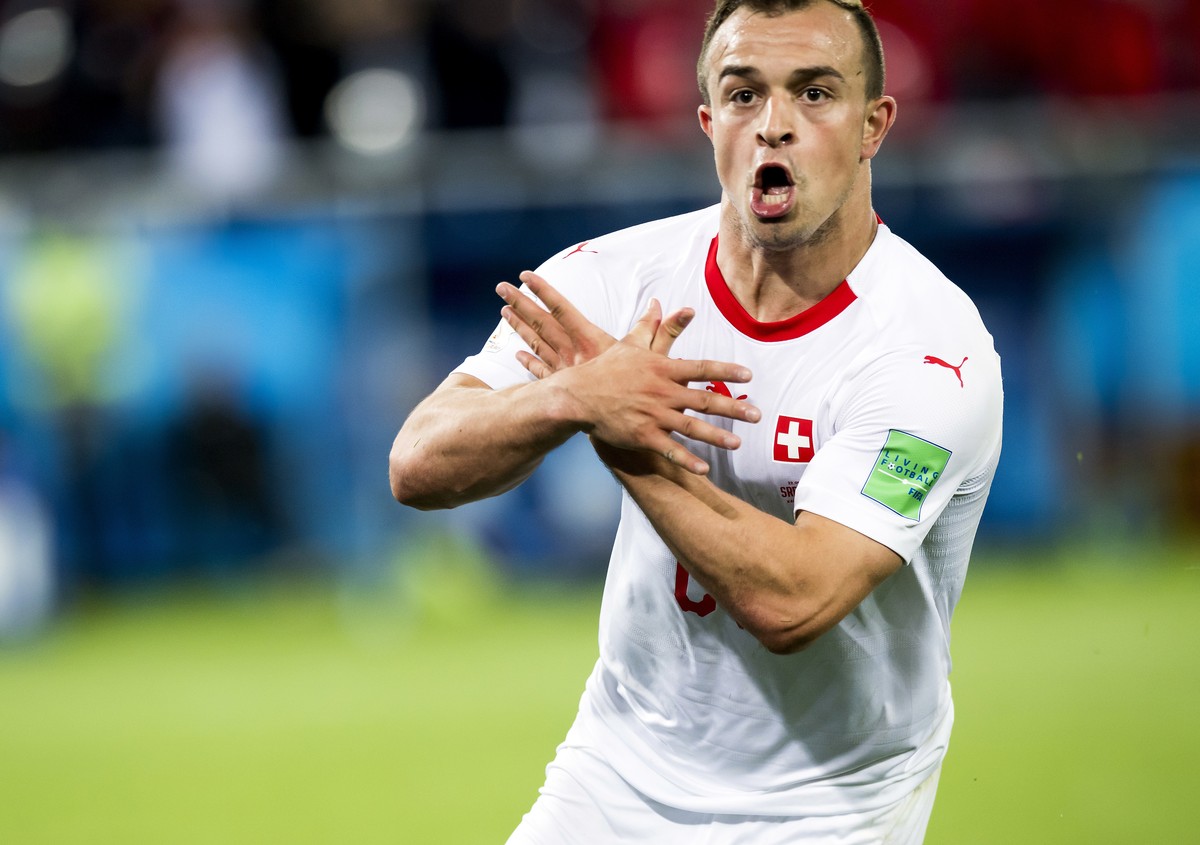 Switzerland&#039;s Xherdan Shaqiri celebrates after scoring his side&#039;s second goal during the group E match between Switzerland and Serbia at the 2018 soccer World Cup in the Kaliningrad Stadium  ...
