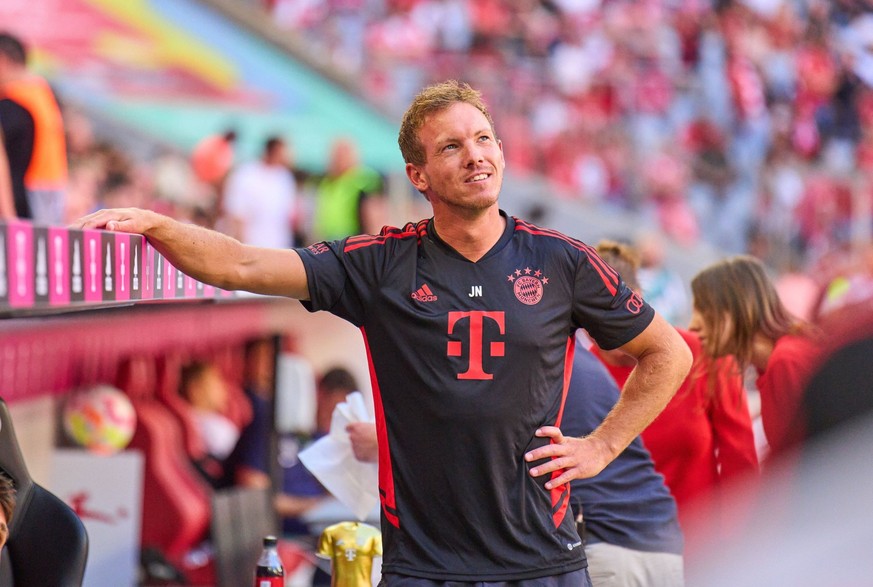 Trainer Julian Nagelsmann (FCB), team manager, headcoach, coach, in the match FC BAYERN MÜNCHEN - VFL WOLFSBURG 2-0 1.German Football League on Aug 14, 2022 in Munich, Germany. Season 2022/2023, match ...