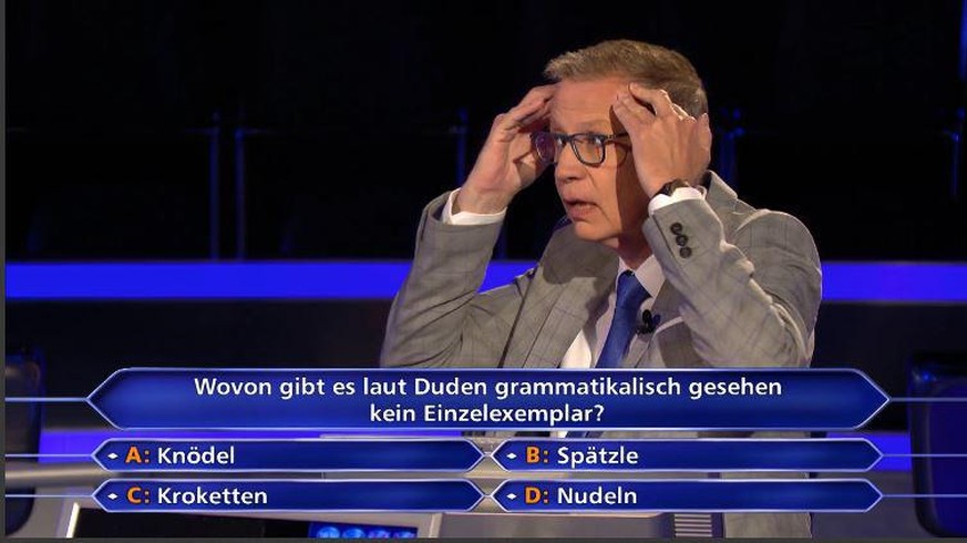 Günther Jauch konnte die Ratlosigkeit seiner Kandidatin wegen der Spätzle-Frage nicht fassen.