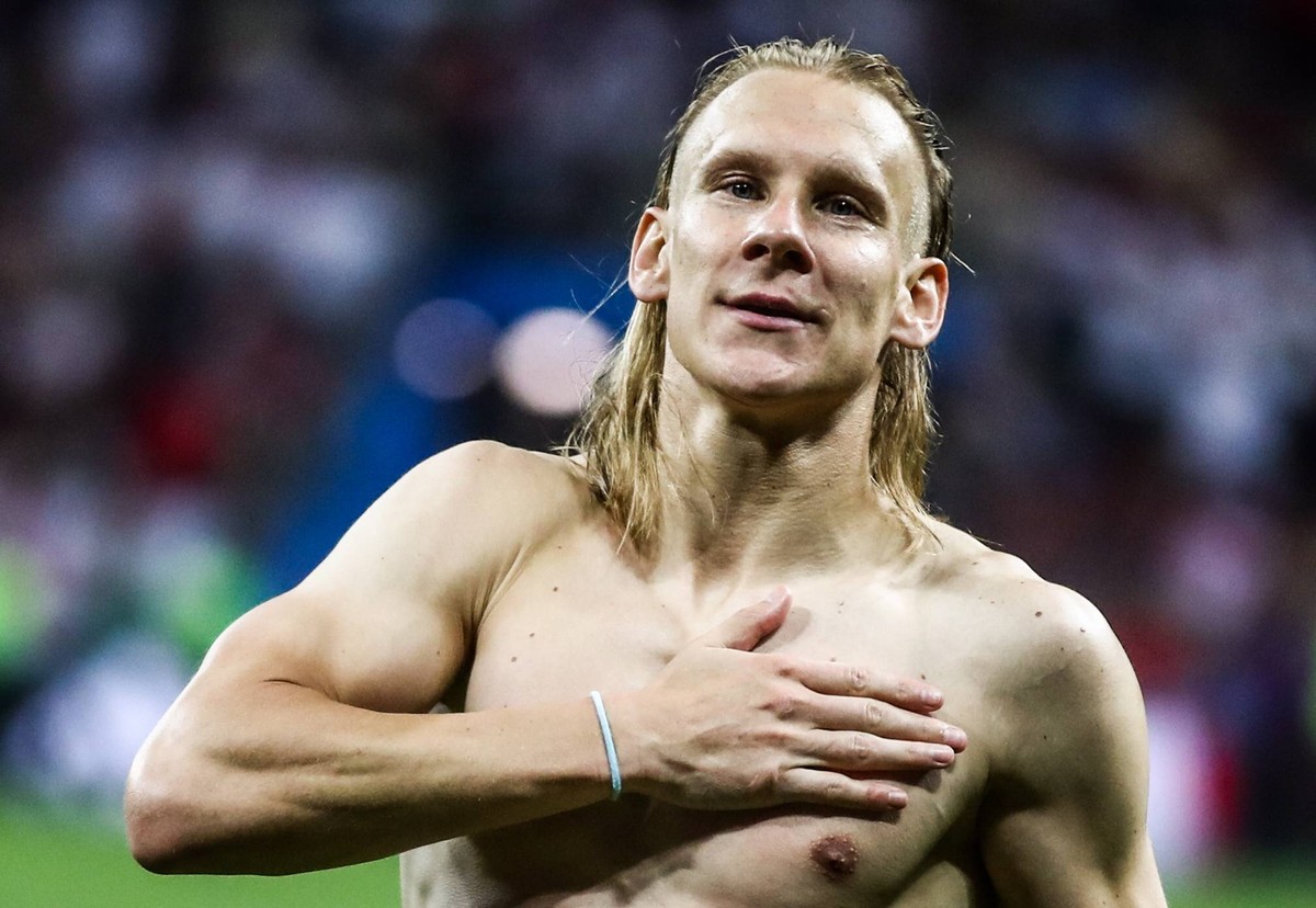 MOSCOW, RUSSIA - JULY 11, 2018: Croatia s Domagoj Vida celebrates winning their 2018 FIFA World Cup WM Weltmeisterschaft Fussball semi-final match against England with a 2-1 score at Luzhniki Stadium. ...