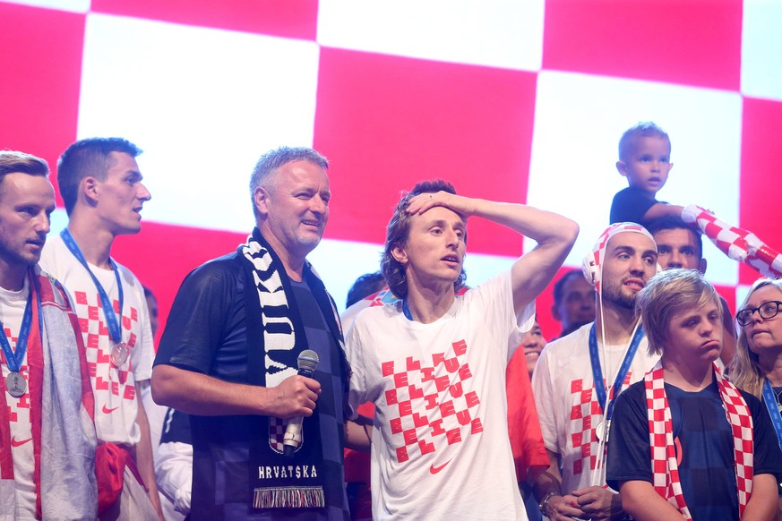 Ceremonial reception for Vatreni at Ban Josip Jelacic Square 16.07.2018., Croatia, Zagreb - Ceremonial reception for Vatreni at Ban Josip Jelacic Square. Croatian national football team won second pla ...