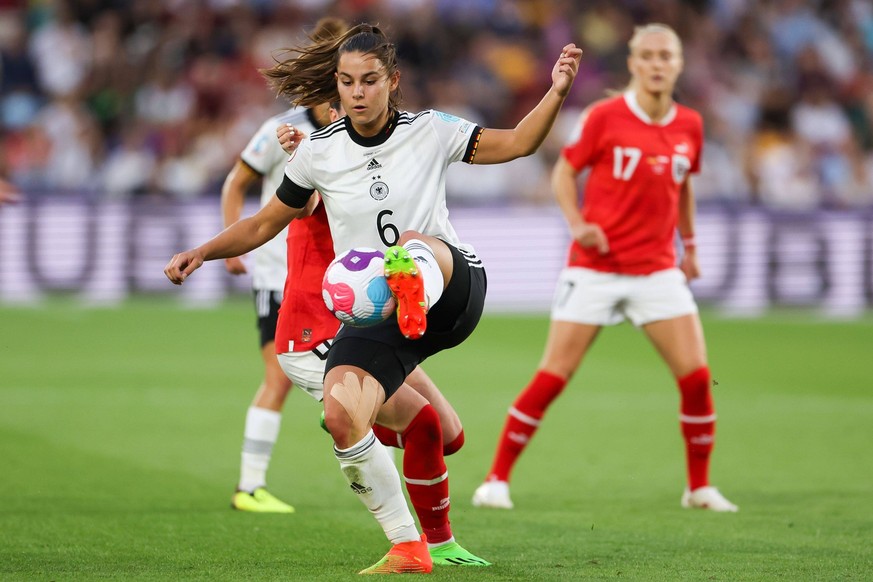 Mandatory Credit: Photo by Simon Dael/Shutterstock 13040203p Lena Oberdorf of Germany under pressure from Sarah Zadrazil of Austria Germany v Austria, Womens UEFA European Championship, EM, Europameis ...