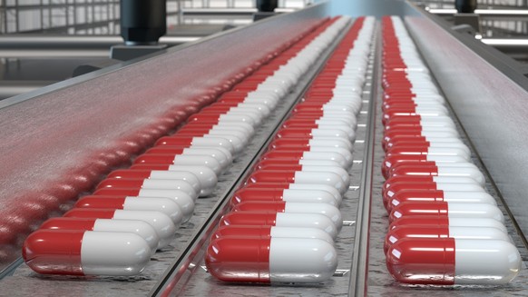 pharmacy medicine capsule pill in production line at medical factory