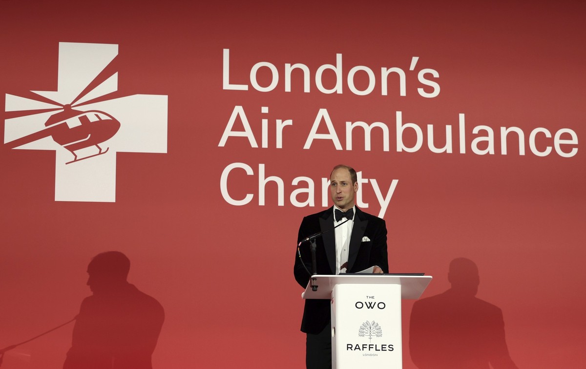 Britain&#039;s Prince William, the Prince of Wales delivers a speech during the London Air Ambulance Charity Gala Dinner at The OWO, in central London, Wednesday, Feb. 7, 2024. (Daniel Leal/Pool Photo ...