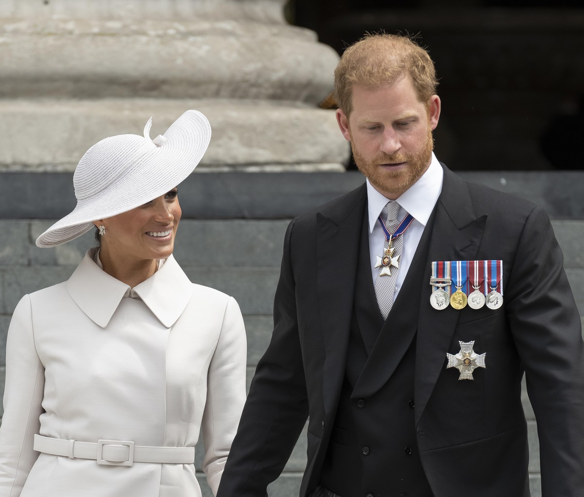St Paulâs Cathedral, London, UK. 3 June 2022. The National Service of Thanksgiving at St Paulâs Cathedral, Day 2 of Platinum Jubilee Celebrations for The Queenâs reign. Prince Harry and Meghan D ...