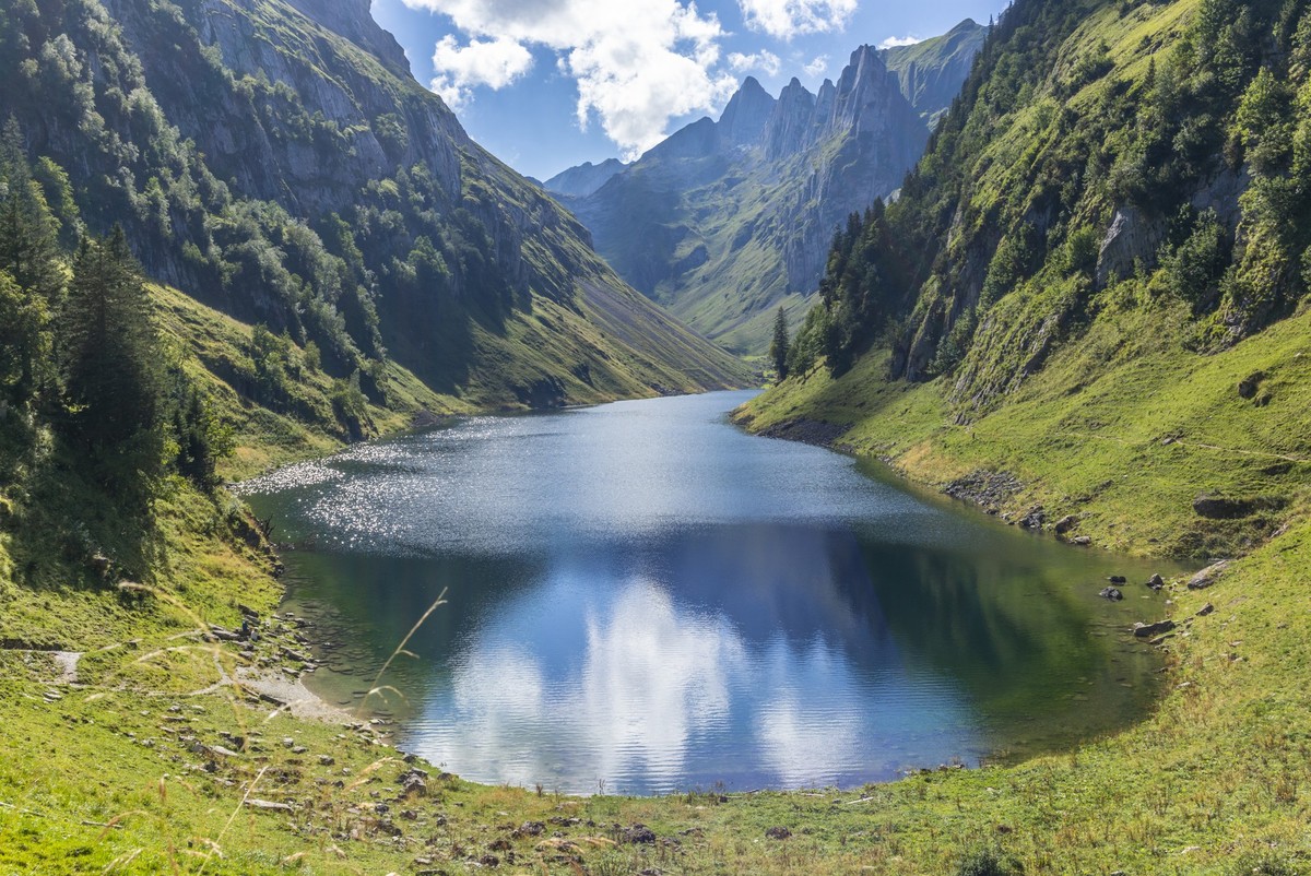 The majestic Alpstein mountain range surrounding the Faelensee lake in the Swiss canton of Appenzell xkwx Alpstein, Appenzell, Fhlensee, Lake, Switzerland, Sntis, Tree, alpine, alps, autumn, beautiful ...