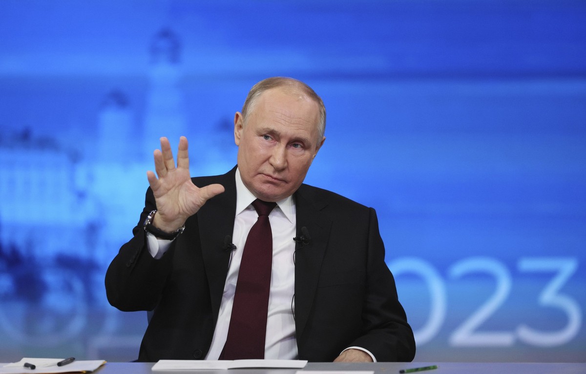 Russian President Vladimir Putin speaks during his annual news conference in Moscow, Russia, Thursday, Dec. 14, 2023. (Mikhail Klimentyev, Sputnik, Kremlin Pool Photo via AP)