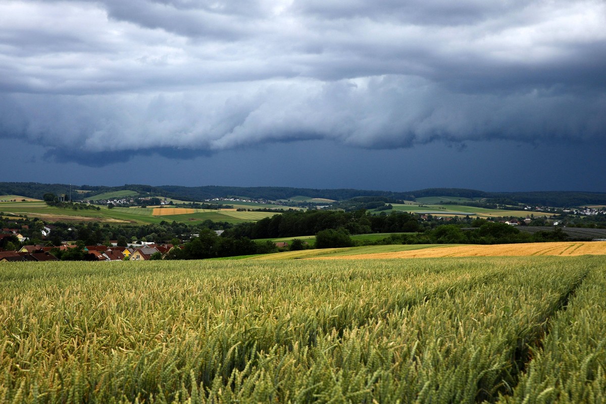 Wetter, Eine Gewitterzelle baut sich im Hintergrund von Feldern nahe Heilbronn auf. Der Deutsche Wetterdienst DWD hat gewarnt, es könne am Wochenende zu schweren Gewittern kommen. Heilbronn Baden-Würt ...