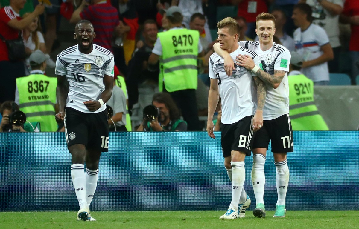 Soccer Football - World Cup - Group F - Germany vs Sweden - Fisht Stadium, Sochi, Russia - June 23, 2018 Germany's Toni Kroos celebrates scoring their second goal with Marco Reus REUTERS/Pilar Ol ...