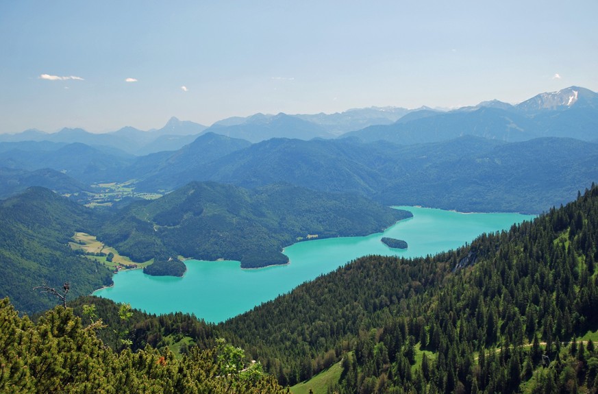 Beautiful panorama of Walchensee from above in the bavarian alps