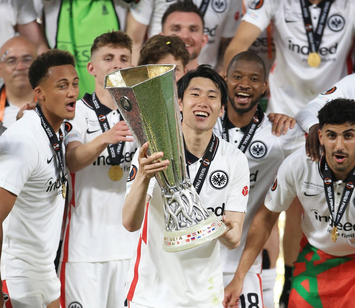 Football - UEFA Europa League Final - Eintracht Frankfurt v Rangers 18th May 2022 - UEFA Europa League Final - Eintracht Frankfurt v Rangers - Daichi Kamada of Eintracht Frankfurt holds the trophy - P ...