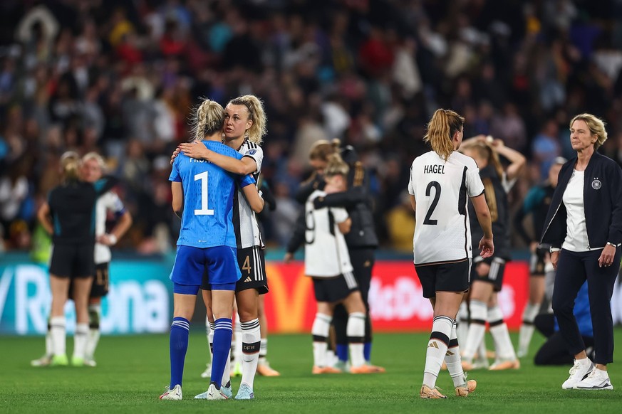 FIFA Women s World Cup 2023 Group H South Korea Women vs Germany Women Merle Frohms 1 of Germany and Lena Lattwein 14 of Germany are dejected as Germany are eliminated at the end of the FIFA Women s W ...