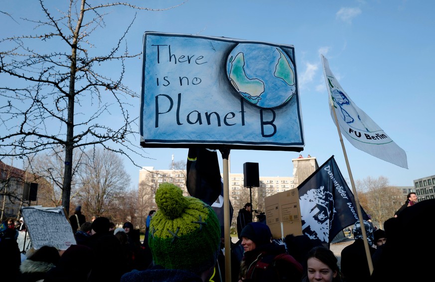 Demonstrators hold up their posters and flags as they gather for a demonstration of the Fridays for Future movement calling for urgent action for climate protection, on January 24, 2020 in Berlin. (Ph ...