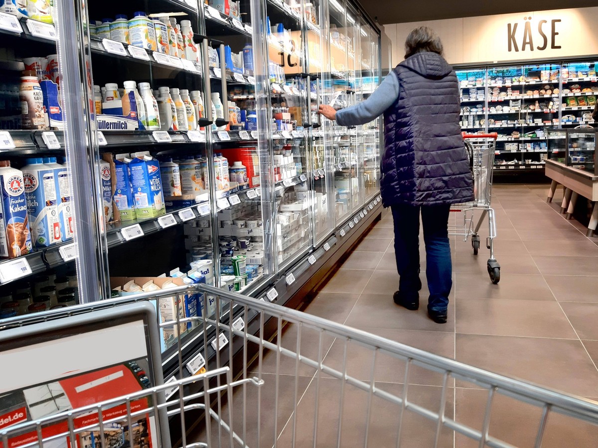 Einkauf in einem Supermarkt oder Discounter zu Zeiten von Inflation. Buttermilch, Milch, Milchprodukte, Joghurt, Fruchtjoghurt, Milchpreis, Kaese, Vergleich, Preisvergleich, Milcherzeuger, Molkereien, ...