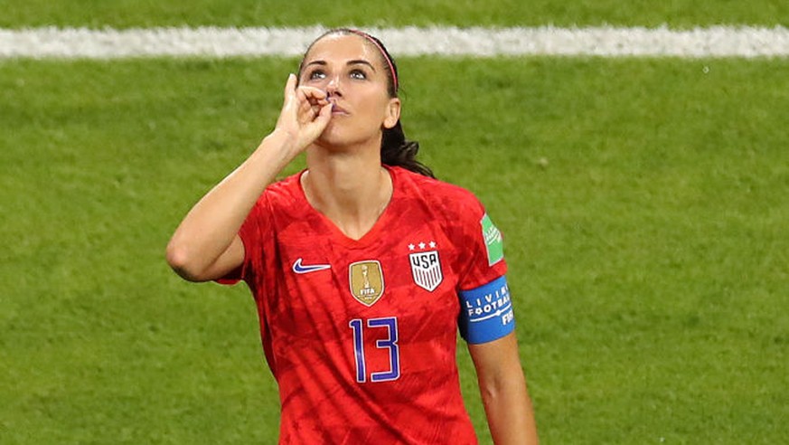 LYON, FRANCE - JULY 02: Alex Morgan of the USA celebrates with teammate Rose Lavelle after scoring her team&#039;s second goal during the 2019 FIFA Women&#039;s World Cup France Semi Final match betwe ...