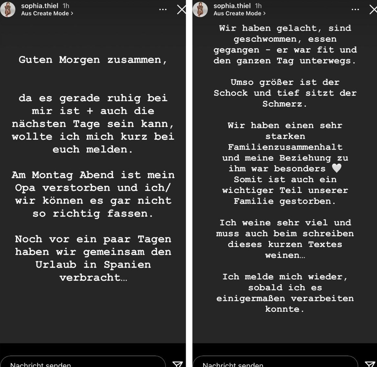 Diese Nachricht schrieb sie Sophia Anfang der Woche auf Instagram.
