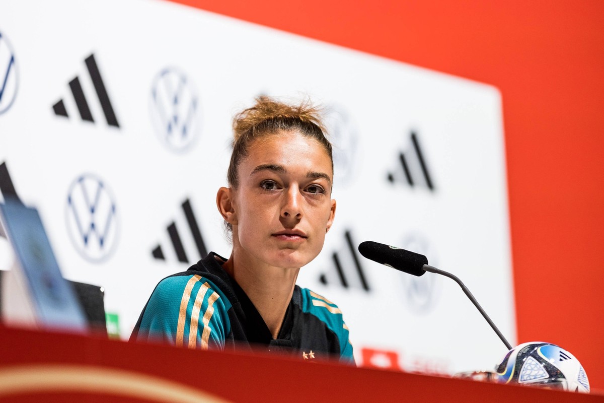 Sport Themen der Woche KW27 Abschlusspressekonferenz DFB Frauen 06.07.2023 Felicitas Rauch Deutschland, 17 Abschlusspressekonferenz DFB Frauen, Herzogenaurach, adidas Homeground *** Final Press Confer ...