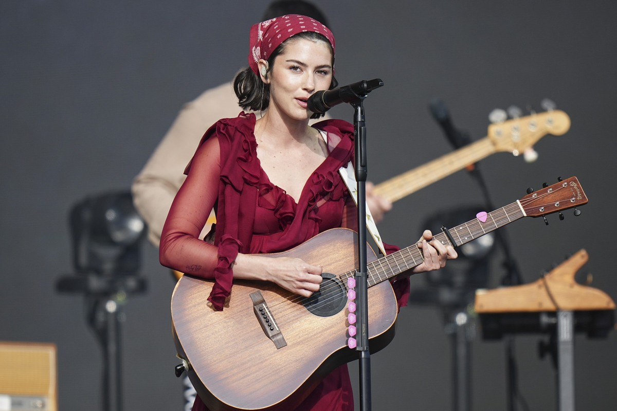 Gracie Abrams performs during the Glastonbury Festival in Worthy Farm, Somerset, England, Friday, June 27, 2025. (Scott A Garfitt/Invision/AP)