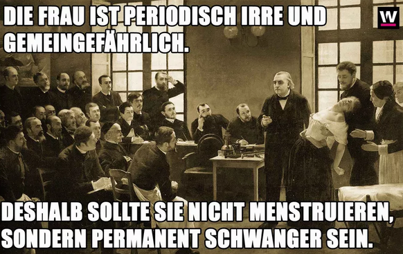 Das Gemälde stammt von André Brouillet (1887) und zeigt den Neorologen Jean-Martin Charcot, der die hysterische Patientin Blanche Wittman in hypnotisiertem Zustand präsentiert.