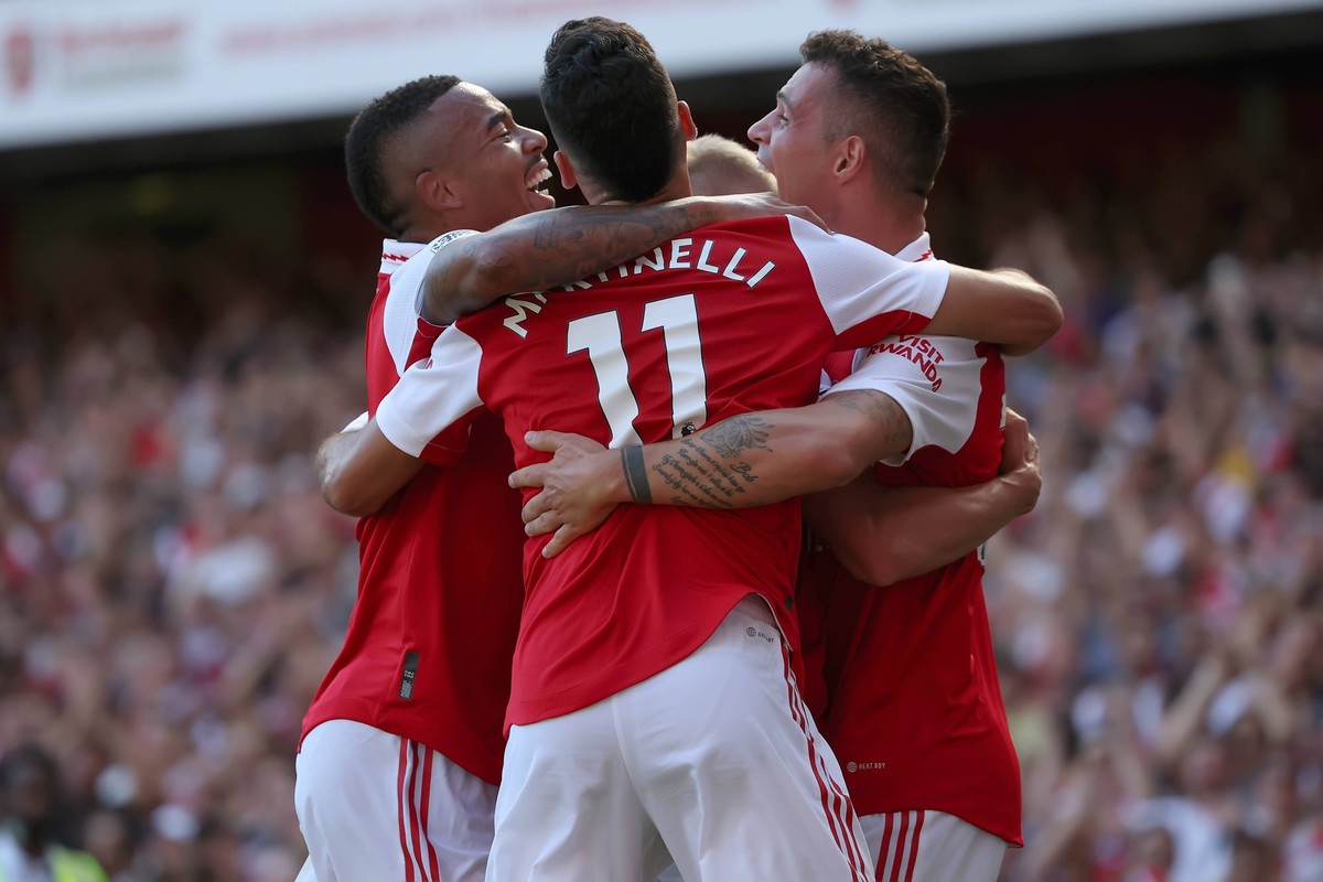 13th August 2022 Emirates Stadium, London, England Premier League Football league, Arsenal versus Leicester City Goal scorers Gabriel Jesus and Gabriel Martinelli celebrates the goal by Granit Xhaka o ...