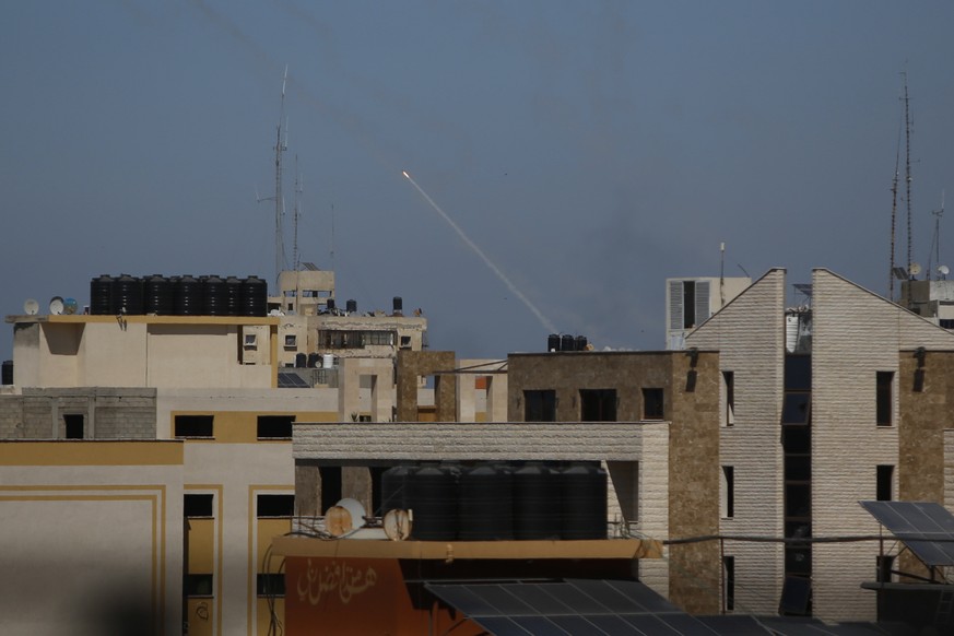 A rocket is launched from the Gaza Strip towards Israel, in Gaza City, Wednesday, May 19, 2021. (AP Photo/Hatem Moussa)