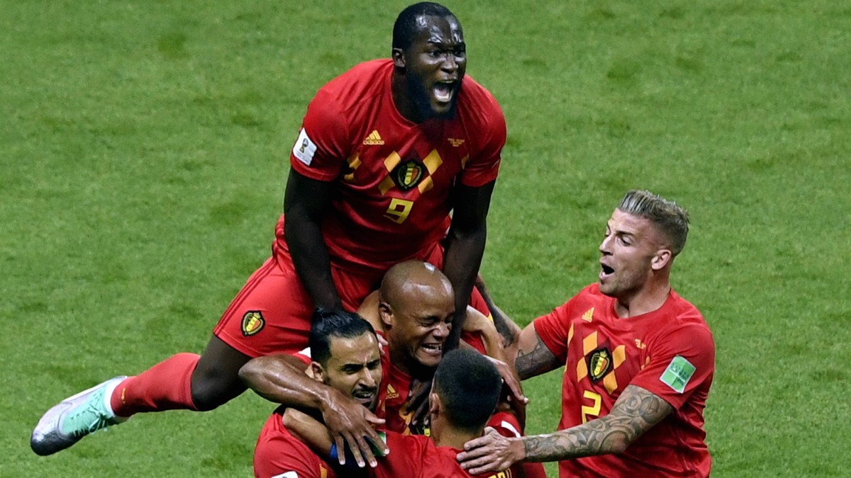 Belgium s Nacer Chadli, Belgium s Vincent Kompany, Belgium s Romelu Lukaku, Belgium s Eden Hazard and Belgium s Toby Alderweireld celebrate after scoring during a soccer game between Belgian national ...