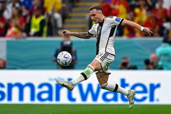 AL KHOR, QATAR - NOVEMBER 28: David Raum of Germany controlls the ball during the Group E - FIFA World Cup, WM, Weltmeisterschaft, Fussball Qatar 2022 match between Spain and Germany at the Al Bayt St ...