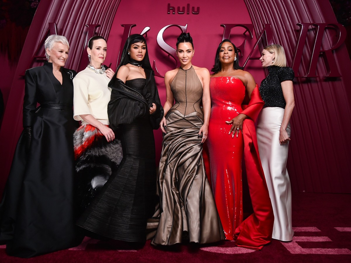 Glenn Close, from left, Sarah Paulson, Teyana Taylor, Kim Kardashian, Niecy Nash, and Naomi Watts arrive at the premiere of &quot;All&#039;s Fair&quot; on Thursday, Oct. 16, 2025, at DGA Theater Compl ...