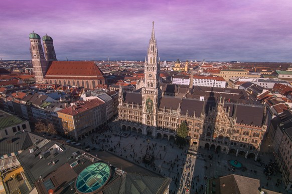 Aerial view of Marienplatz in Munich at sunset. Romantic sight of the big German city at sunset, Europe