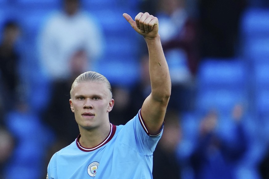 Manchester City&#039;s Erling Haaland celebrates after the English Premier League soccer match between Manchester City and Southampton at Etihad stadium in Manchester, England, Saturday, Oct. 8, 2022. ...