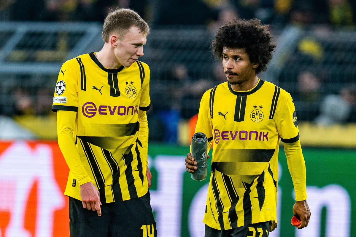 04.03.2025, Borussia Dortmund vs. OSC Lille, UEFA Champions League, Achtelfinale-Hinspiel Karim Adeyemi Borussia Dortmund, 27 Maximilian Beier Borussia Dortmund, 14 *** 04 03 2025, Borussia Dortmund v ...
