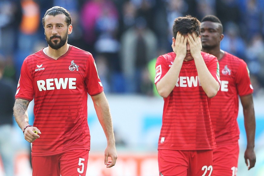 31.03.2018, xtvx, Fussball 1. Bundesliga, TSG 1899 Hoffenheim - 1.FC Koeln, emspor, v.l. Dominic Maroh (1. FC Koeln) Jorge Mere (1. FC Koeln) Jhon Cordoba (1. FC Koeln) nach dem Spiel, after the match ...