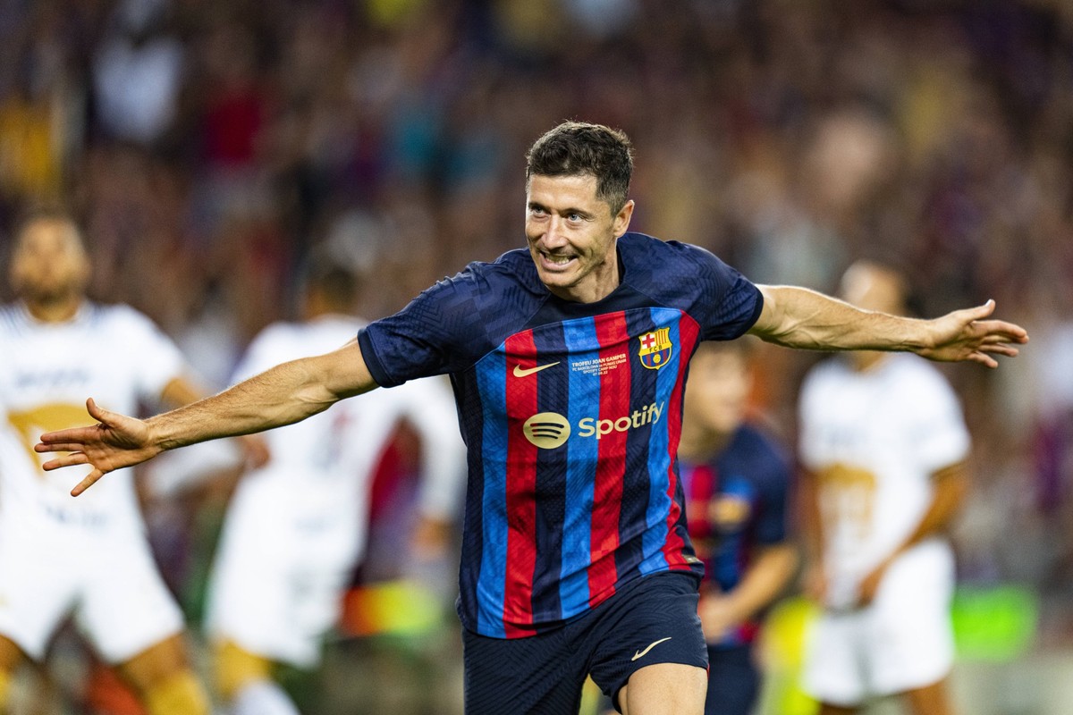 Sport Bilder des Tages Sport Bilder des Tages 07.08.2022, xslx, Fussball Torneig Gamer, FC Barcelona, Barca - Pumas UNAM emspor, v.l. Robert Lewandowski FC Barcelona Jubelt nach den Tor zum 1-0 DFL/DF ...