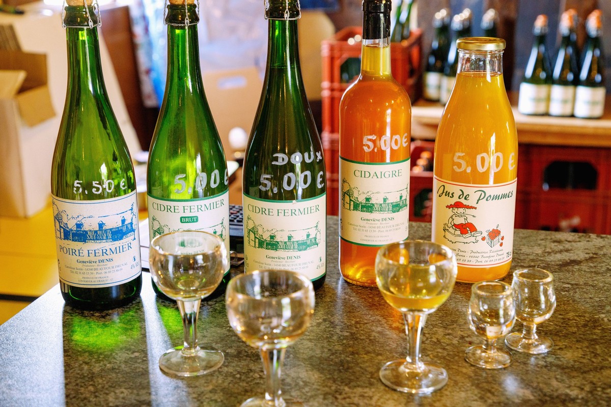 Degustation verschiedener Sorten von Cidre und Calvados in der Cidrerie Geneviève Denis in Beuvron-en-Auge im Pays d Auge im Département Calvados in der Region Normandie in Frankreich *** Tasting of v ...