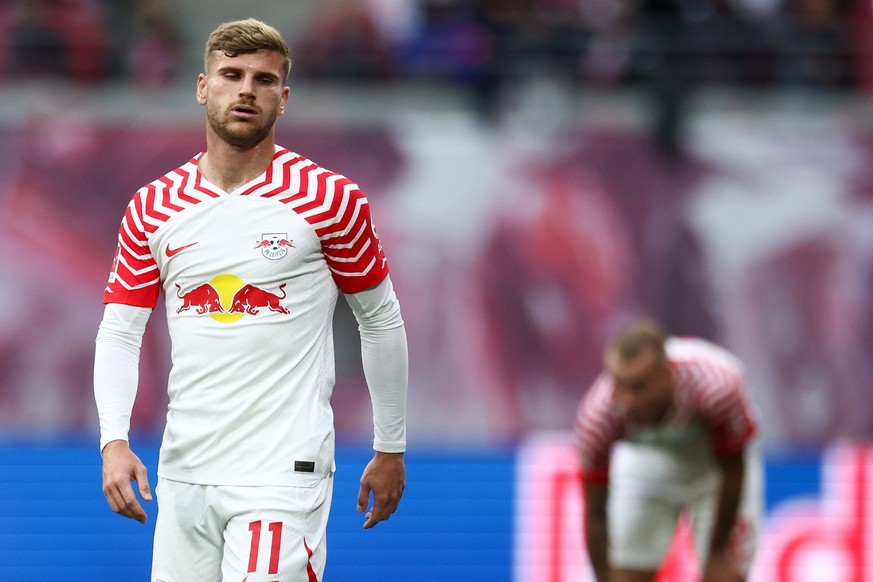 07.10.2023, Sachsen, Leipzig: Fußball: Bundesliga, 7. Spieltag, RB Leipzig - VfL Bochum in der Red-Bull-Arena. Leipzigs Spieler Timo Werner reagiert nach dem Abpfiff enttäuscht. Foto: Jan Woitas/dpa - ...