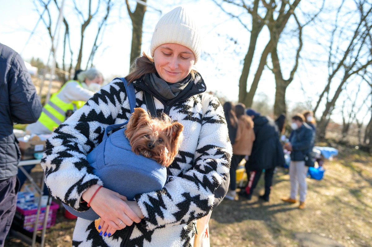 Die aus der Ukraine geflüchtete Kate Uvarova steht mit Hündin Elsa nahe der Zentralen Erstaufnahmestelle (ZEA) in Rahlstedt.
