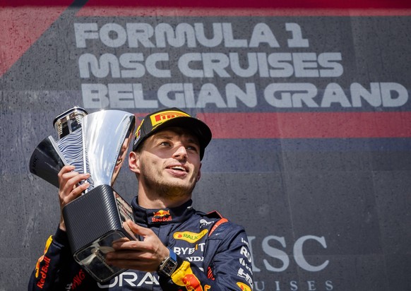 SPA - Max Verstappen Red Bull Racing on the podium after winning the Grand Prix of Belgium at the Circuit de Spa-Francorchamps. ANP SEM VAN DER WAL F1 Grand Prix of Belgium 2023 xVIxANPxSportx/xxANPxI ...