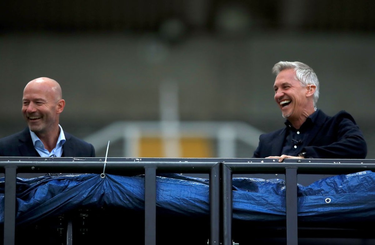 NEWCASTLE UPON TYNE, ENGLAND - JUNE 28: Tv pundits Alan Shearer and Gary Lineker are seen in the tv studio in the stands during the FA Cup Quarter Final match between Newcastle United and Manchester C ...