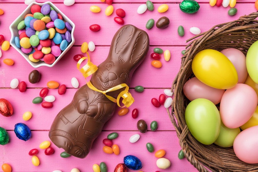 Delicious Easter holiday chocolate bunny, eggs and sweets