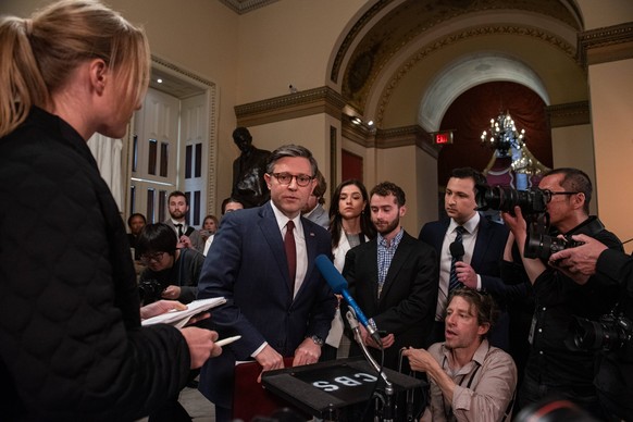 Speaker of the House Mike Johnson, R-LA, speaks to press after the House Chamber voted on a $95 billion foreign aid package for Ukraine, Israel and Taiwan at the U.S. Capitol in Washington, DC on Satu ...