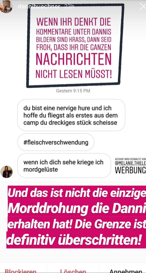 Direktnachricht an Danni: Solche Drohungen bekommt die Dschungelcamperin auf Instagram.