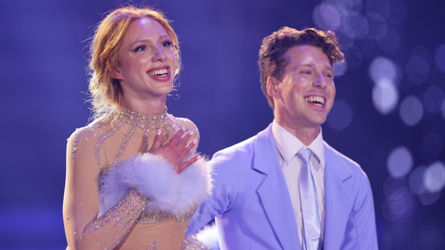 COLOGNE, GERMANY - APRIL 14: Anna Ermakova and Valentin Lusin react on stage during the 7th Show of &quot;Let&#039;s Dance&quot; at MMC Studios on April 14, 2023 in Cologne, Germany. (Photo by Andreas ...