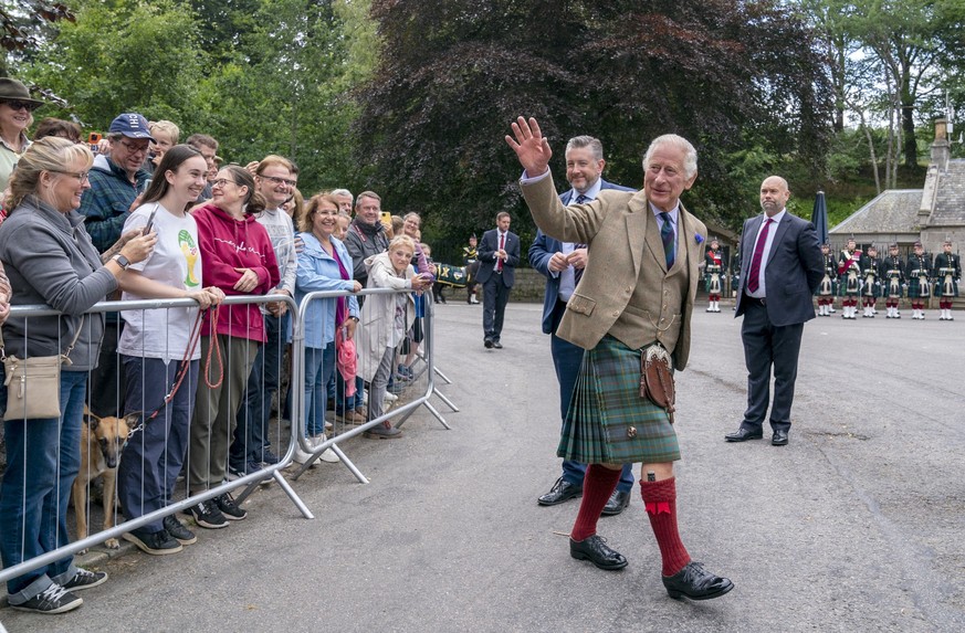 ABERDEEN, SCOTLAND - AUGUST 21: King Charles III meets members of the public after the inspection of Balaklava Company, 5th Battalion, The Royal Regiment of Scotland, at the gates of Balmoral, as he t ...