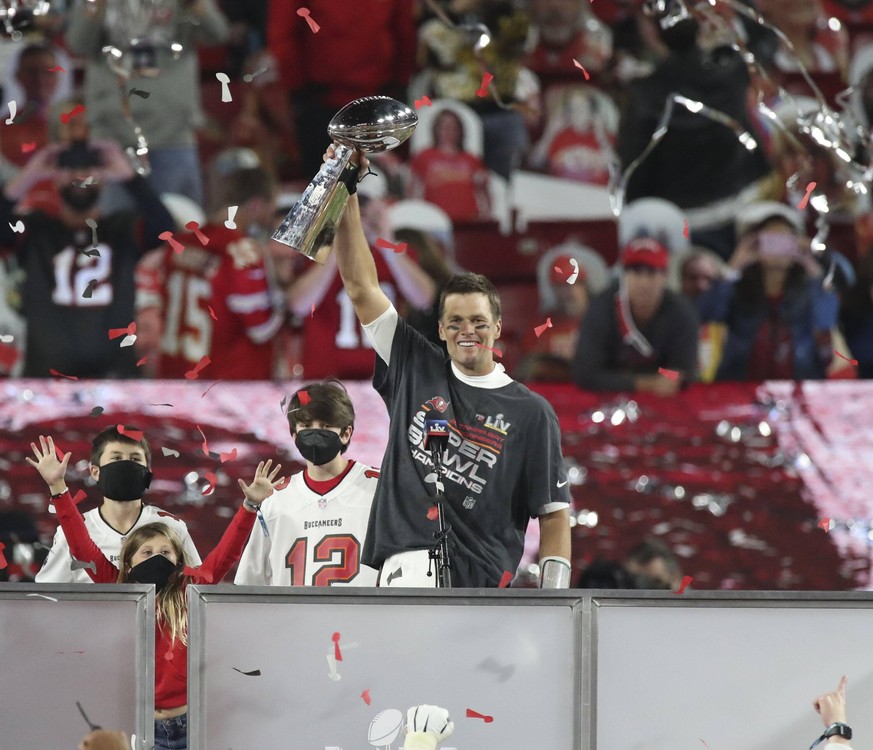 February 7, 2021, Tampa, Florida, USA: Tampa Bay Buccaneers quarterback Tom Brady 12 celebrates in Super Bowl 55 between the Kansas City Chiefs and Tampa Bay Buccaneers, Sunday, Feb. 7, 2021, in Tampa ...