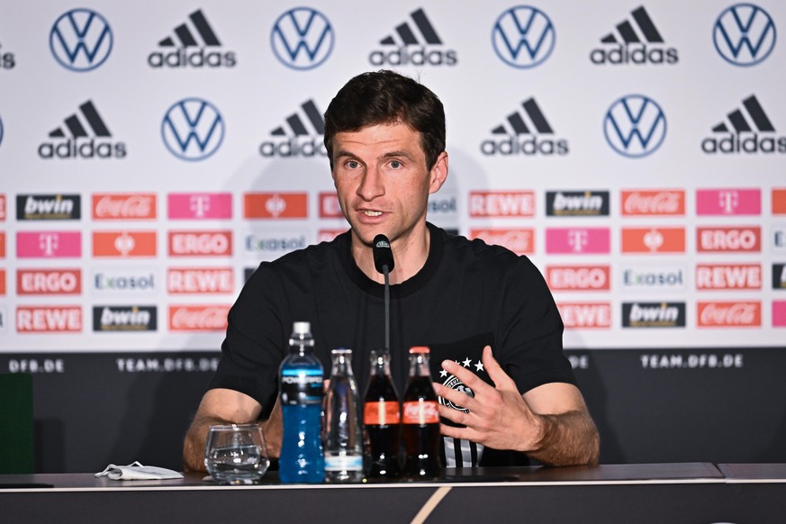 Thomas Mueller (Deutschland). GES/ Fussball/ Nationalmannschaft, DFB-Pressekonferenz, 23.03.2022 Football / Soocer: Pressconference German national Footballteam, Frankfurt/ Main, March 23, 2022