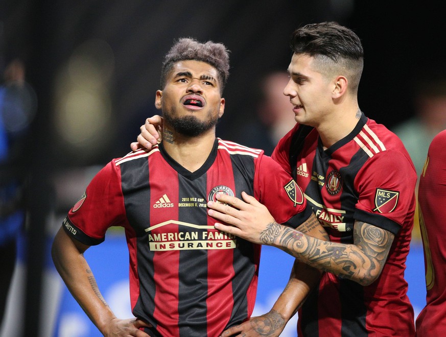 December 8, 2018 - Atlanta, GA, USA - Atlanta United defender Franco Escobar (2) congratulates Atlanta United forward Josef Martinez (7) after he scored a goal in the first half Saturday, Dec 8, 2018, ...