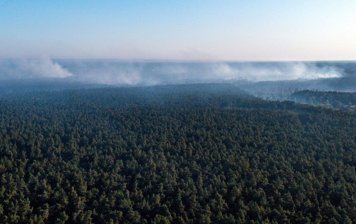 dpatopbilder - 13.06.2023, Mecklenburg-Vorpommern, Lübtheen: Rauch steigt bei einem Feuer auf auf einem ehemaligen Truppenübungsplatz aus dem Wald auf (Luftaufnahme mit einer Drohne). Auf zwei ehemali ...