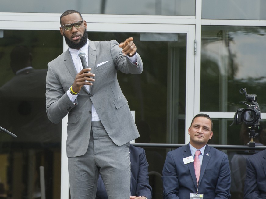LeBron James speaks at the opening ceremony for the I Promise School in Akron, Ohio, Monday, July 30, 2018. The I Promise School is supported by the The LeBron James Family Foundation and is run by th ...