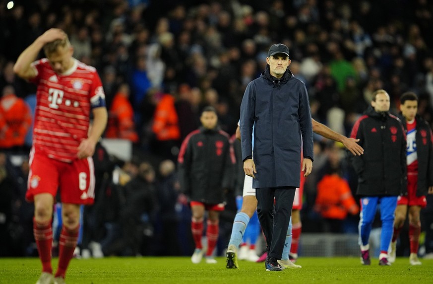Bayern&#039;s head coach Thomas Tuchel walks off the field at the end of the Champions League quarterfinal, first leg, soccer match between Manchester City and Bayern Munich at the Etihad stadium in M ...