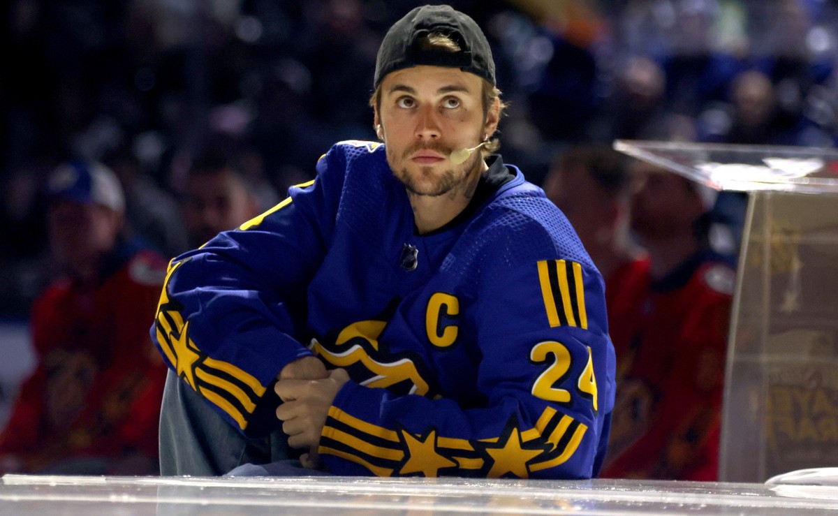 TORONTO, ONTARIO - FEBRUARY 01: Justin Bieber participates in the Tim Horton&#039;s NHL All-Star Player Draft at Scotiabank Arena on February 01, 2024 in Toronto, Ontario. (Photo by Dave Sandford/NHLI ...